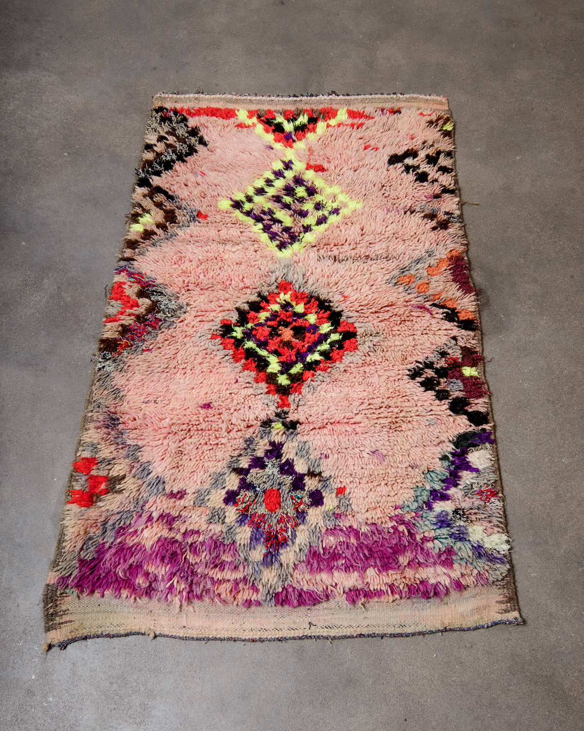 Modern, designer, handcrafted Berber rug from Morocco. Vintage carpet with beautiful colours and patterns and fluffy texture.